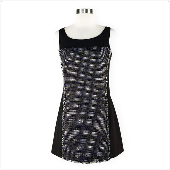 Jay Godfrey Black Blue Gold Metallic Tweed Fringe Panel Mini Shift Dress 2 - Picture 1 of 5